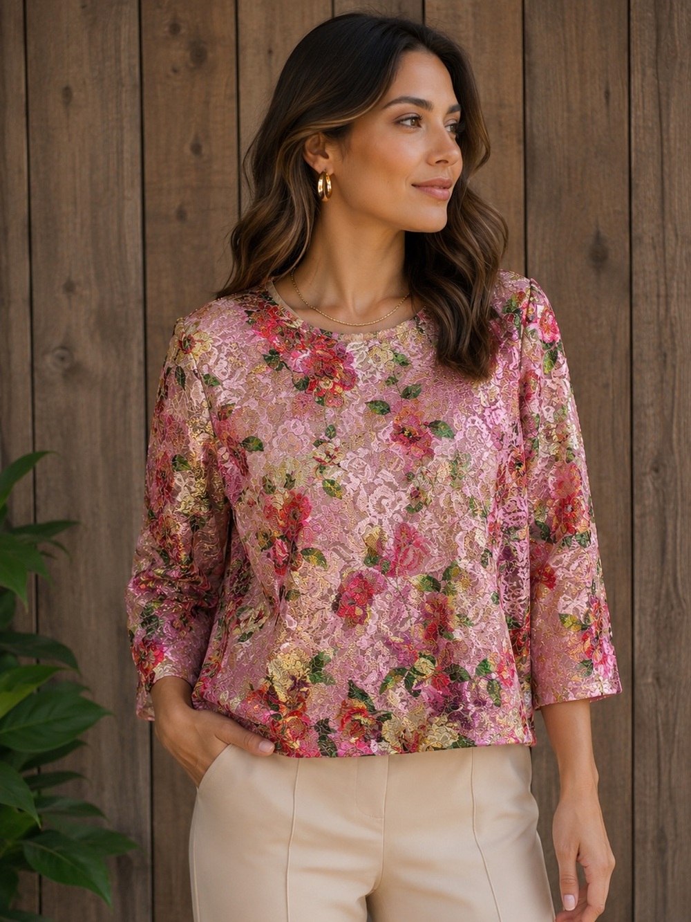 Caroline Rose Floral Brocade Top Size Large Pink Metallic